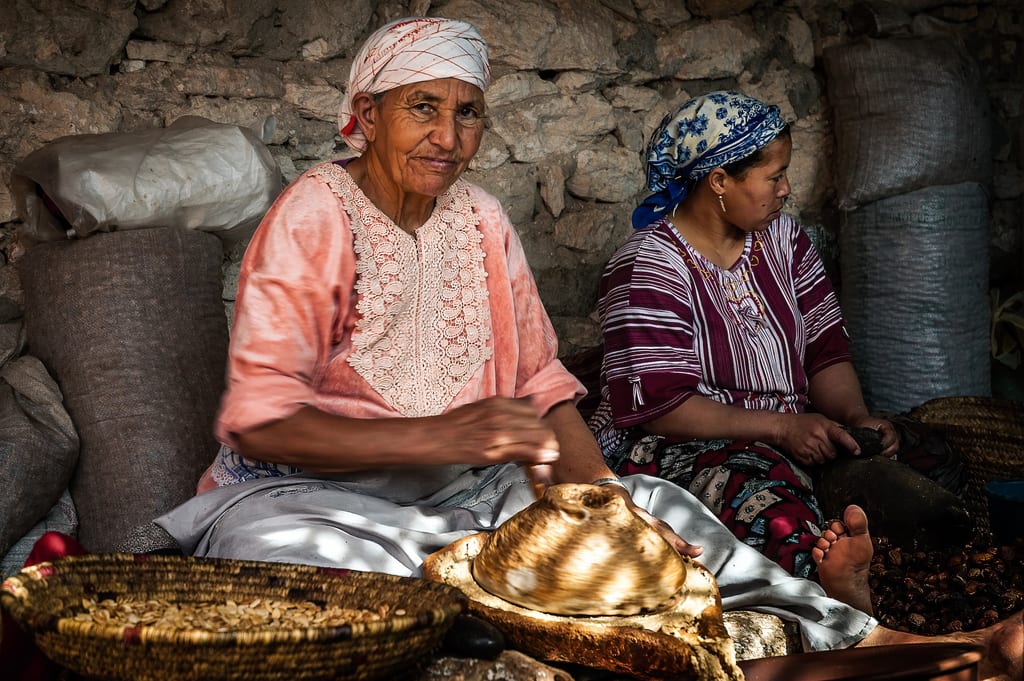 Moroccan women weaving baskets