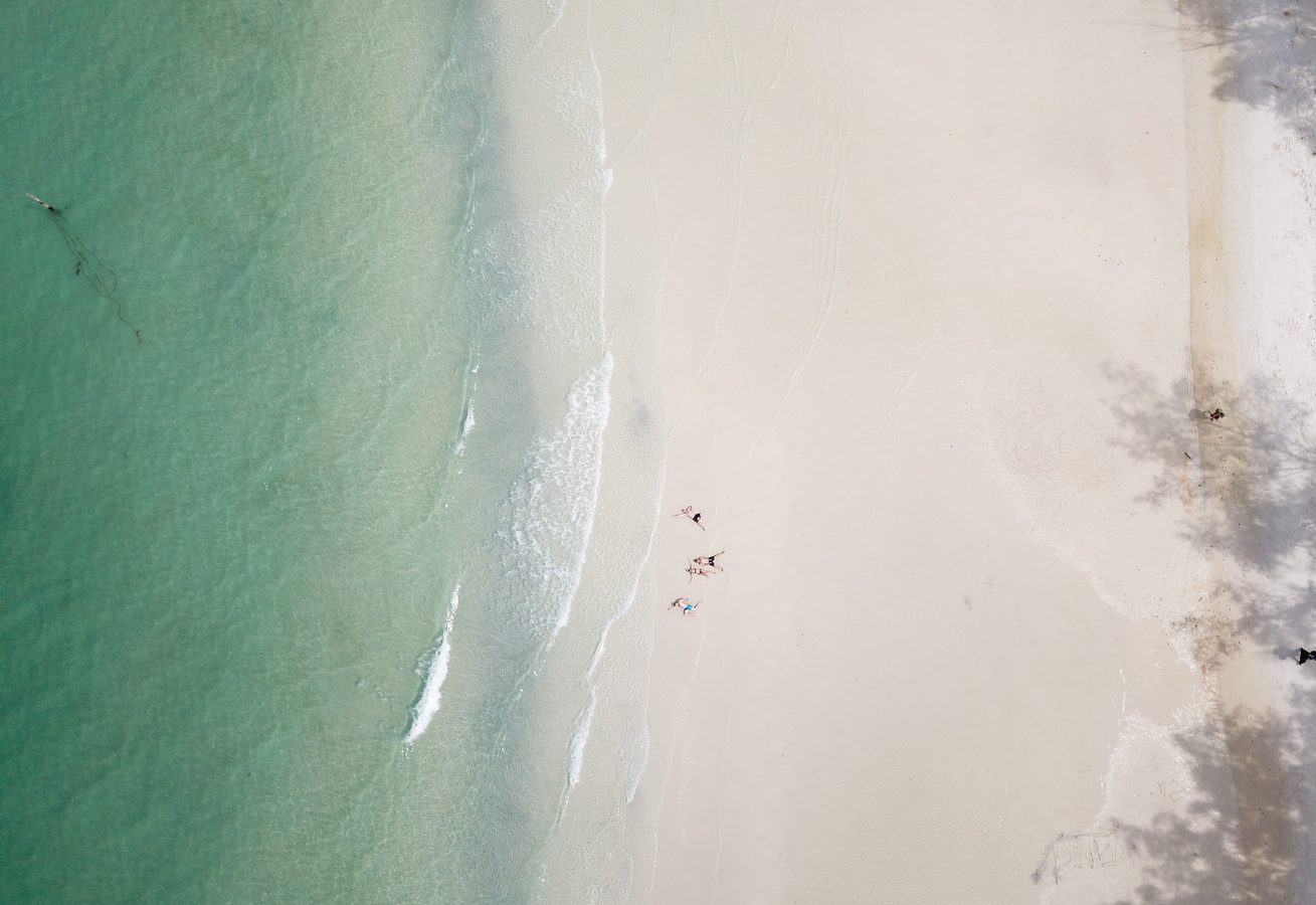Drone shot of white sandy beach in Cambodia