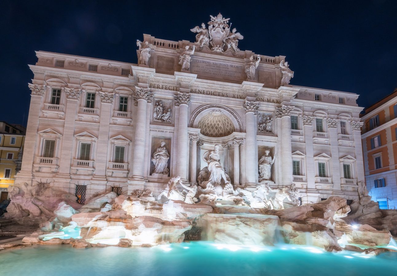 Trevi fountain at dusk in Rome, Italy