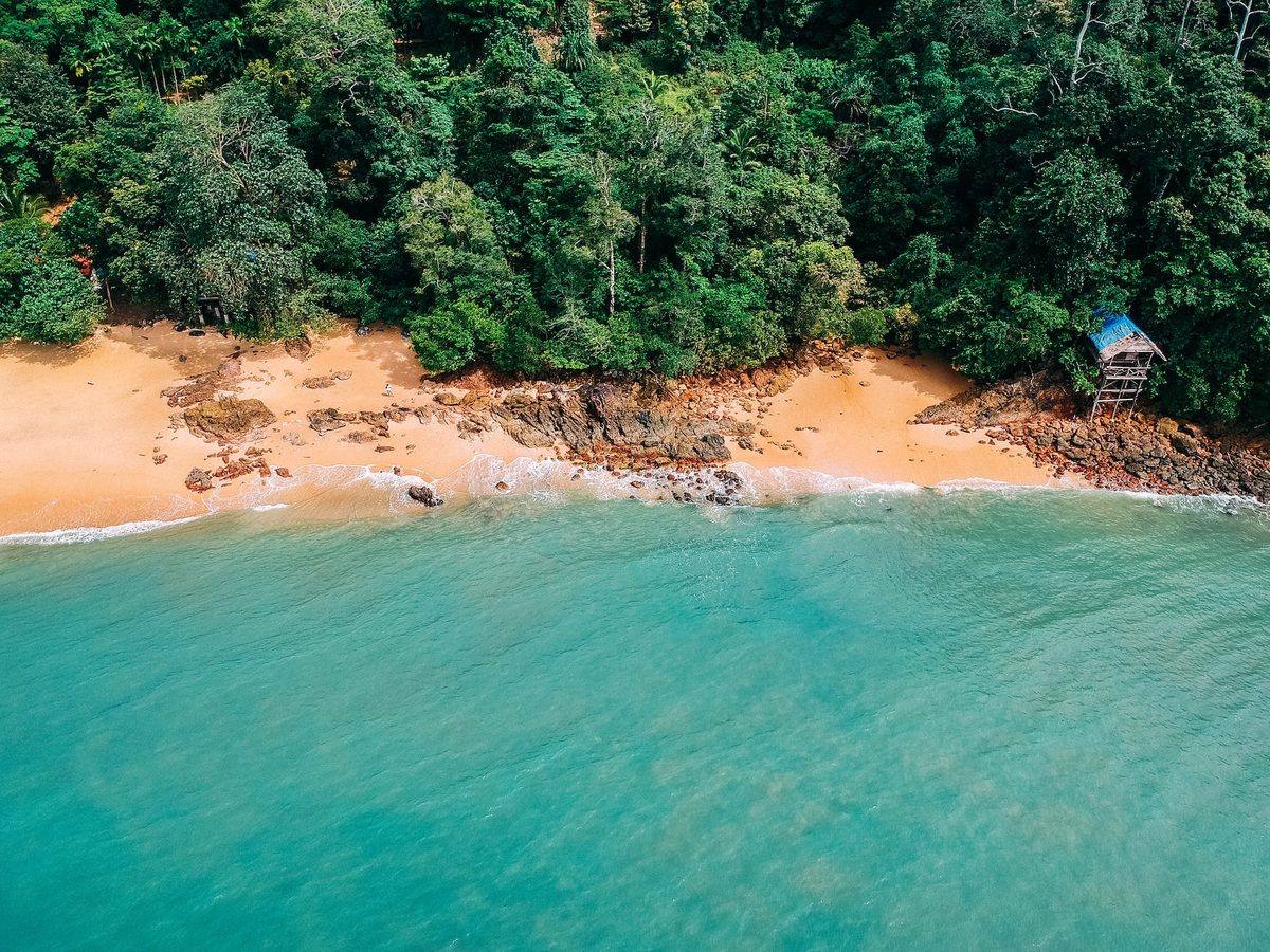Koh Phi Phi, Thailand, drone shot of beach and turquoise waters