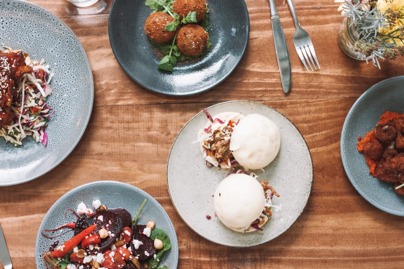 Overhead shot of tapas on a dinner table in Barcelona