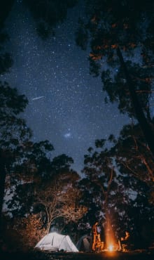 Campfire below starry sky