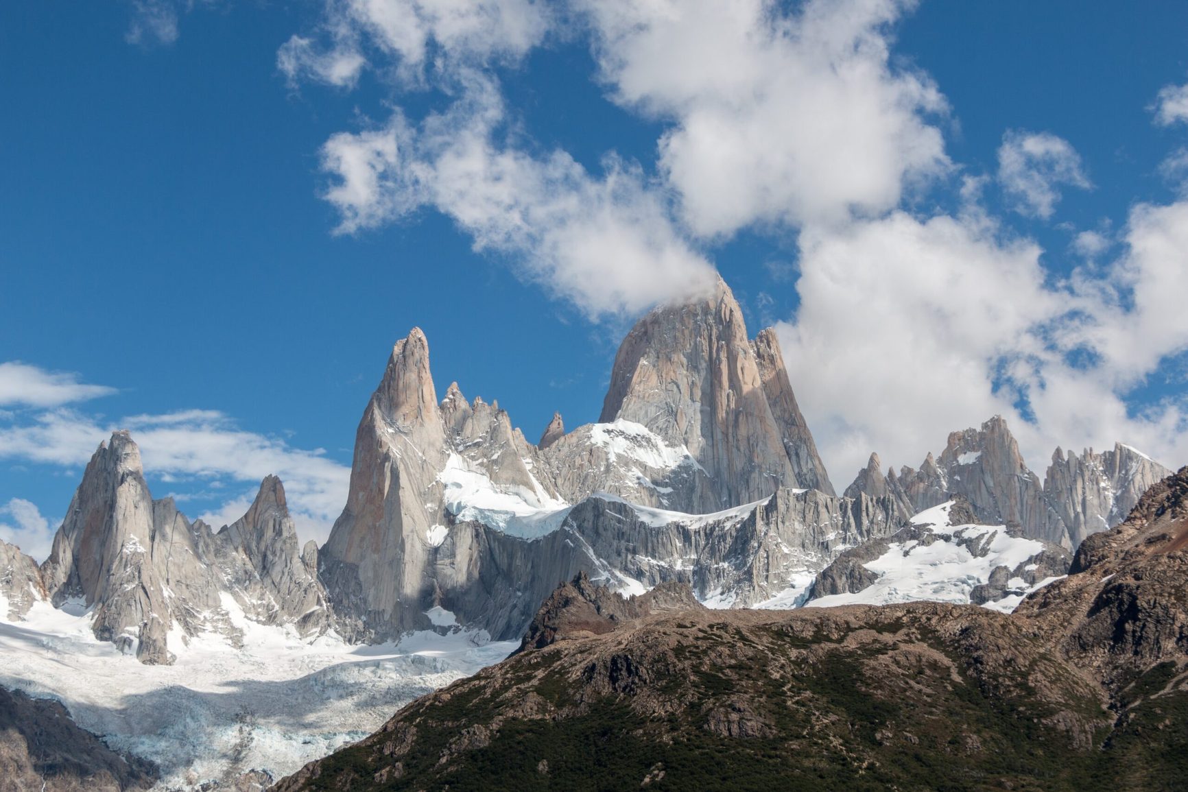 Tall peaks covered in snow on the Mitre Peninsula, Patagonia, Argentina