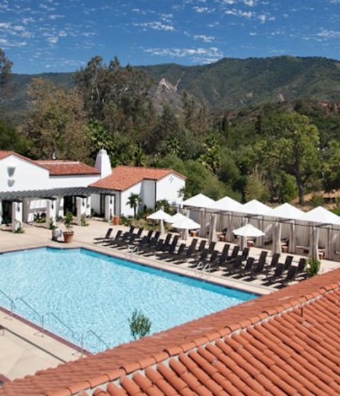 View over the herb garden and pool at Ojai Valley Inn and Spa, USA