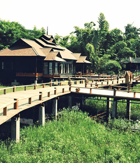 Lakeside bungalows at luxury resort in Myanmar