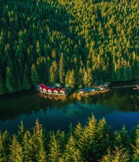 Nimmo Bay Aerial view, luxury vacations Canada