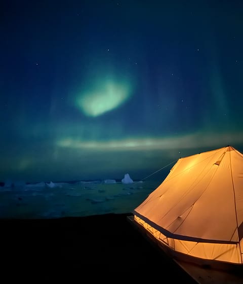 northern lights above a tent at camp saqqaq in disko bay in greenland