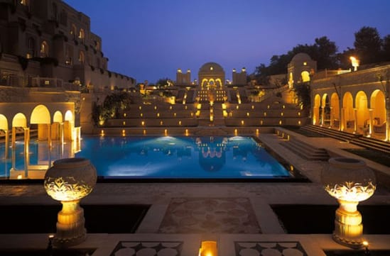 Stunning pool areas lit up at night at Amarvilla, Agra, India