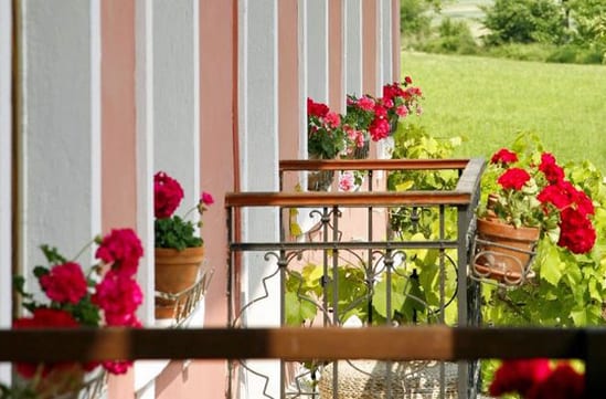 Flowers line the balconies of Hisa Franko, Slovenia