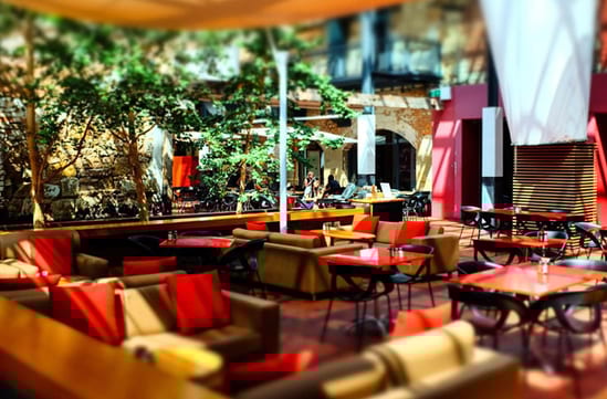 The outdoor dining space of the Henry Jones Art Hotel