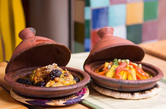 meat and vegetable in a tajine in marrakech in morocco