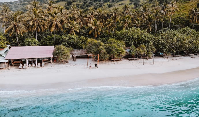 A drone shot of a beach on Lombok, South East Asia