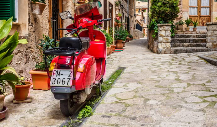 Scooter in the backstreets of Valledemossa, Mallorca, Spain