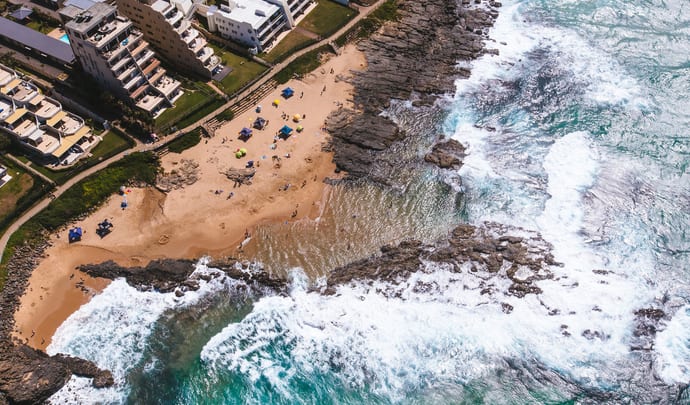 Drone shot of the beach in Durban, South Africa