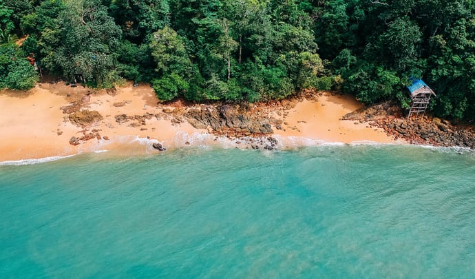 Koh Phi Phi, Thailand, drone shot of beach and turquoise waters