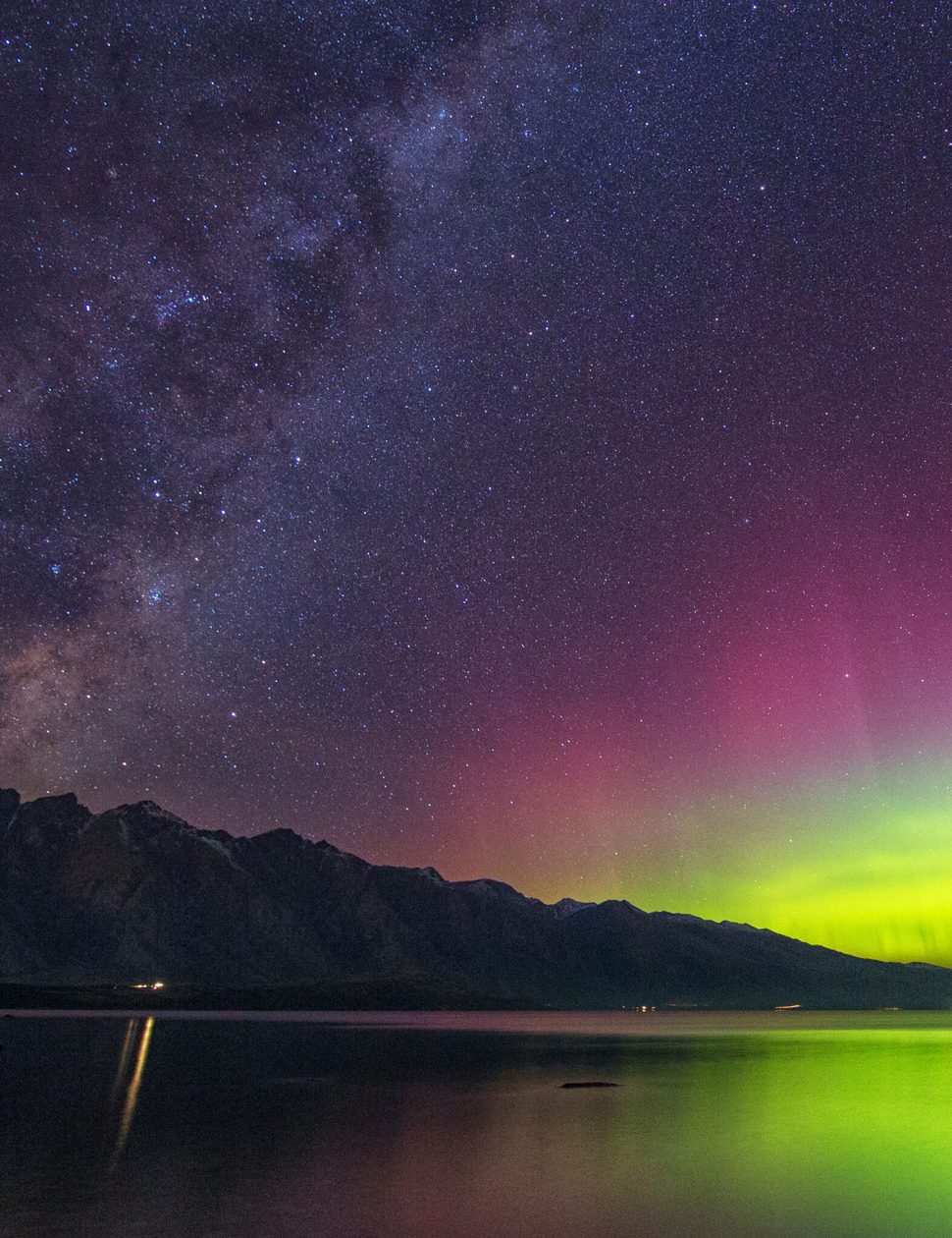 Aurora Australis meets the milky way over lake Wanaka, New Zealand