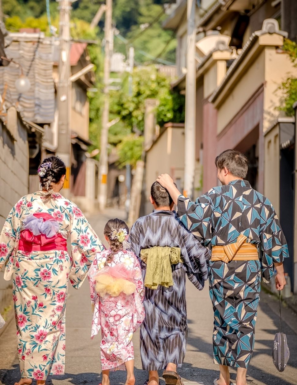 Family wearing kimonos in Japan