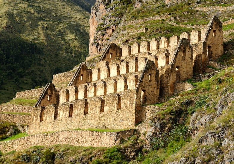 Peru Ollantaytambo Pinkulluna Inca ruins in the sacred valley in the Peruvian Andes.