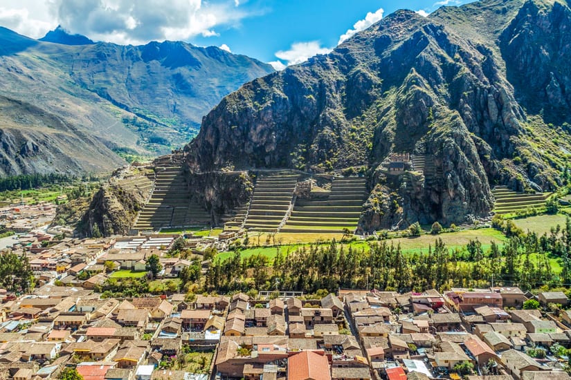 Aerial view Ollantaytambo Inca agricultural terraces Sacred Valley in peru