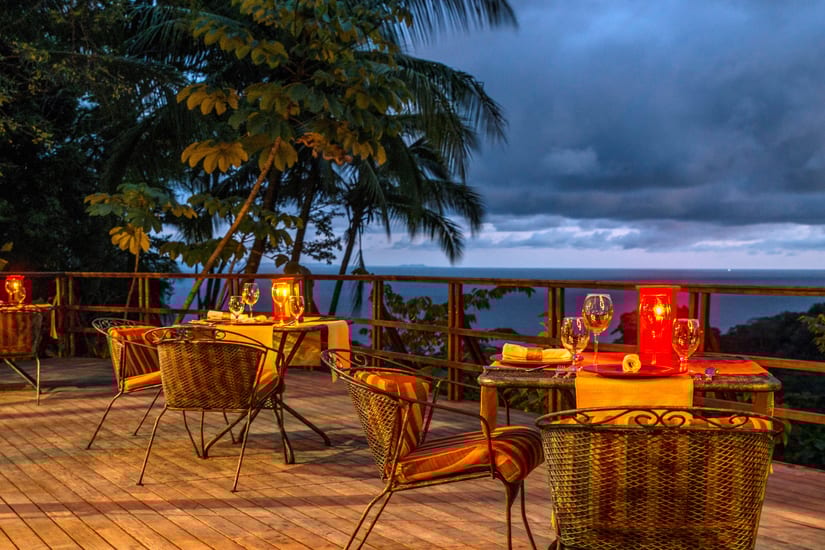 Lapa Rios dining terrace deck evening restaurant in costa rica