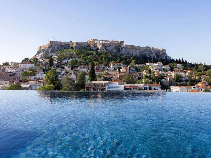 pool view of acropolis at the dolli hotel in athens in greece