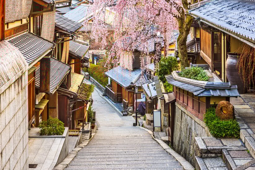 kyoto streets with cherry blossom in japan