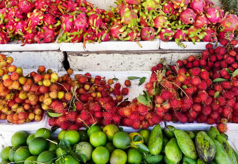 Colorful tropical fruit for sale at an open air street market in Siem Reap in Cambodia