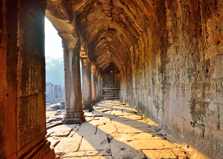 hallway light shadow Ta Prohm Temple in Angkor Wat in cambodia