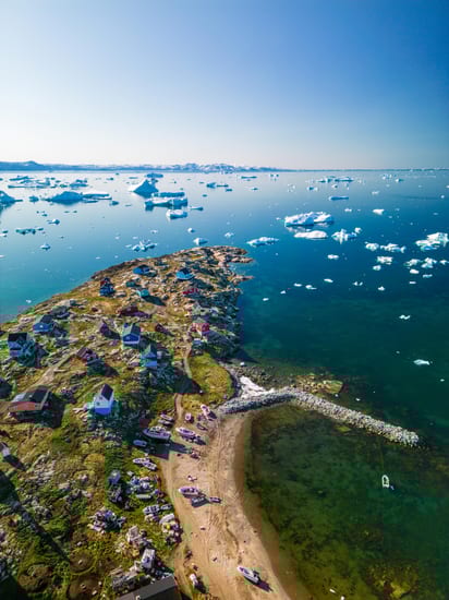 saqqaq village aerial view in disko bay in greenland