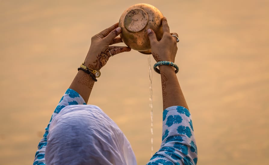 morning spiritual ritual by the ganges in varanasi in india