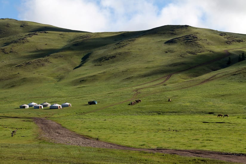 white gers in the orkhon valley in mongolia